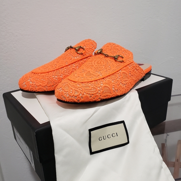 Orange Gucci Princetown Lace Mule Shoes 39.5 - Picture 9 of 14